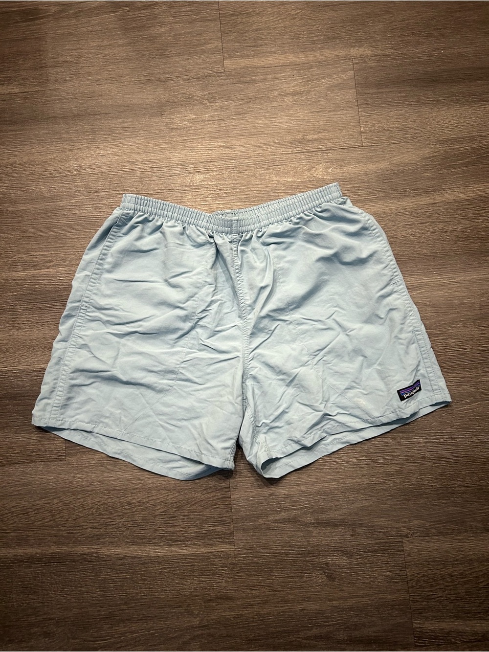 Patagonia Light Blue Swim Shorts with Gray Drawstring